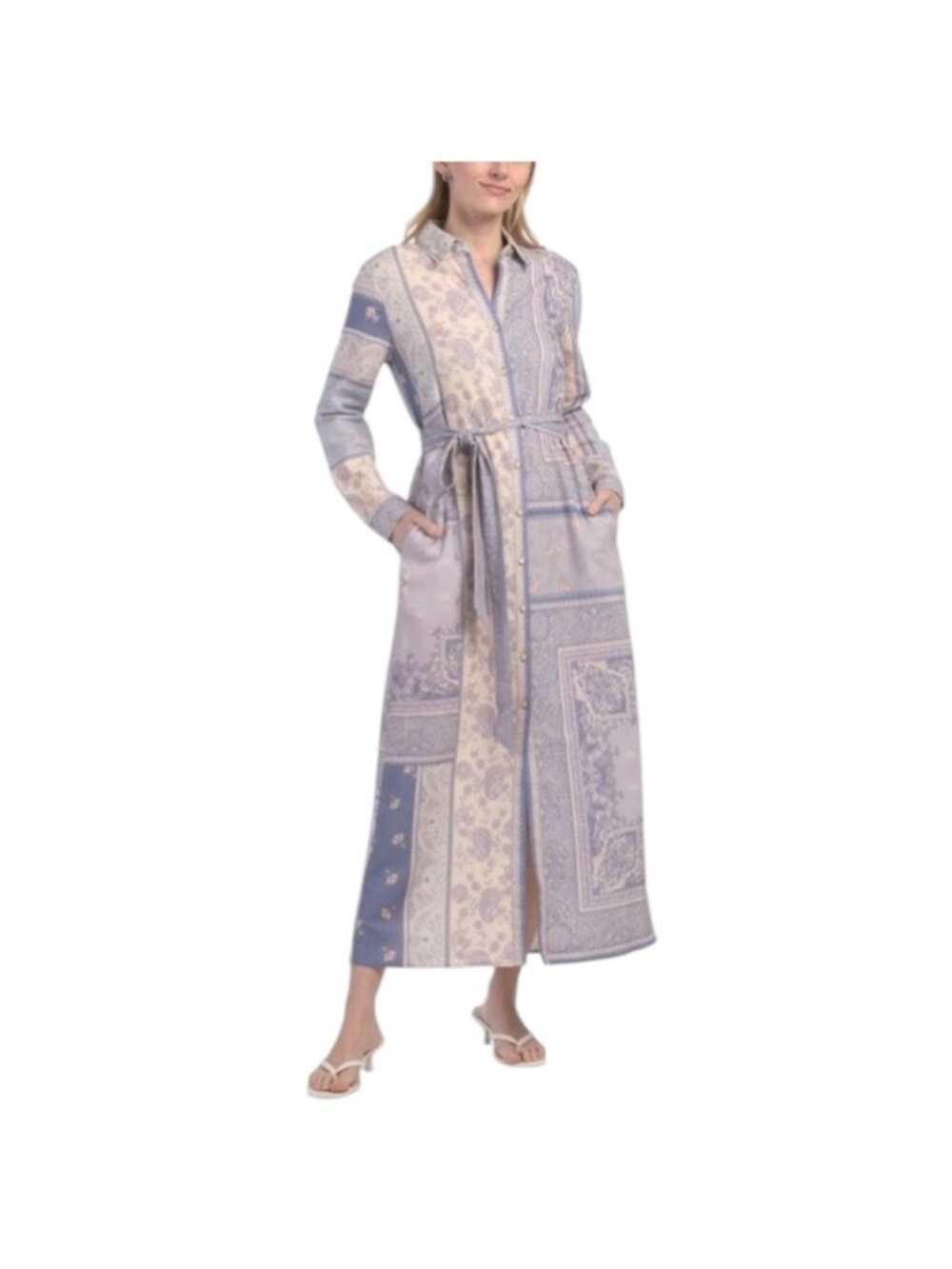 NWT Magaschoni Lavender and Cream Linen Patchwork Midi Shirt Dress